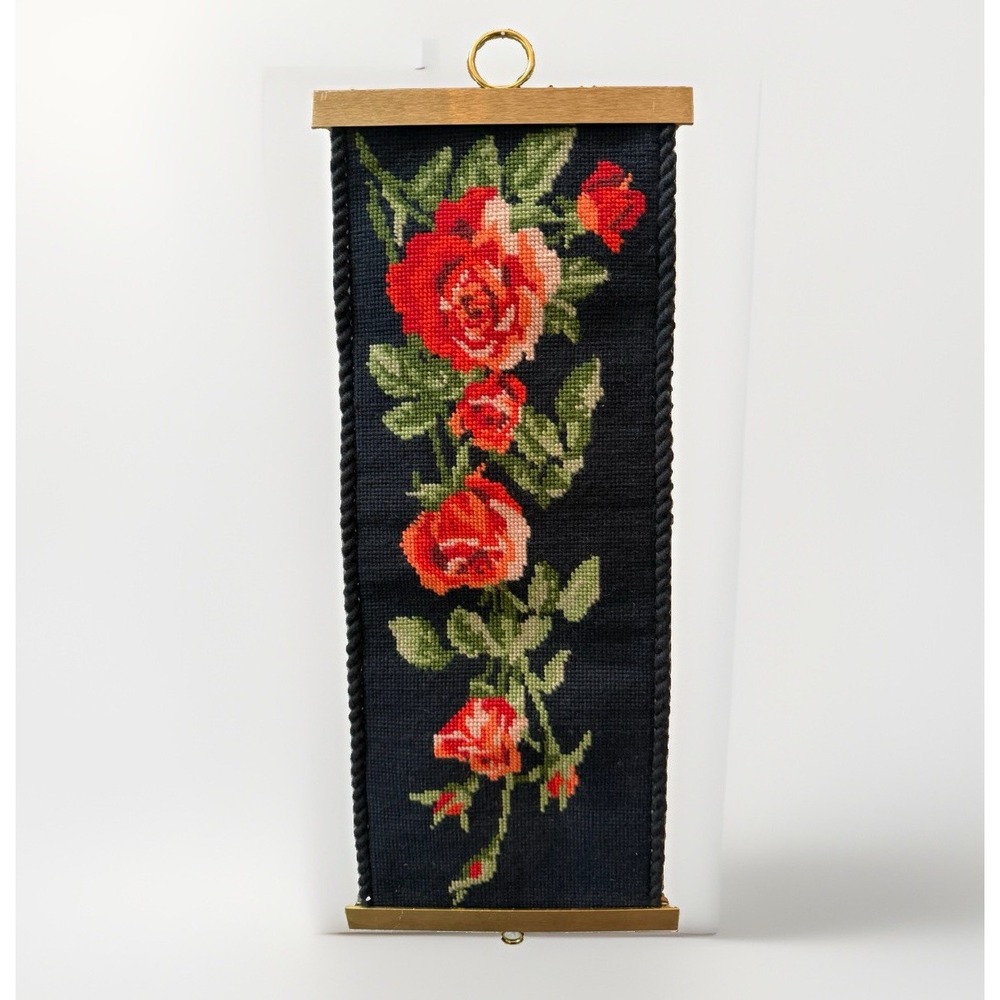Vintage Needlepoint Bell Pull Black With Red Pink Rose Brass Frame Wall Hanging